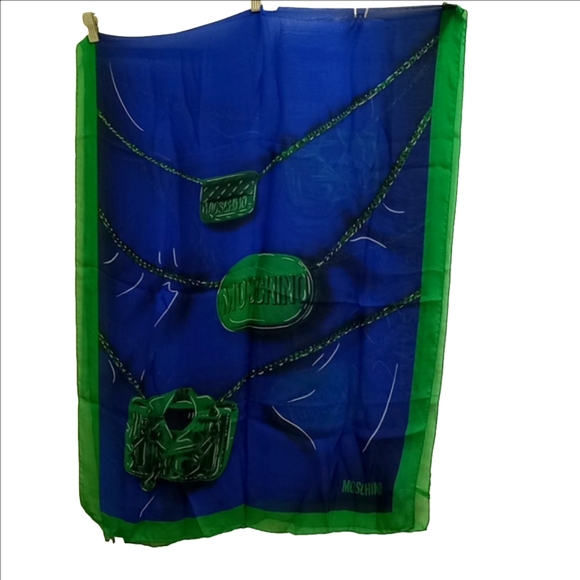 🆕 MOSCHINO BLUE & GREEN ITALIAN SILK SCARF WITH MEDALLION CHAINS - Picture 5 of 8